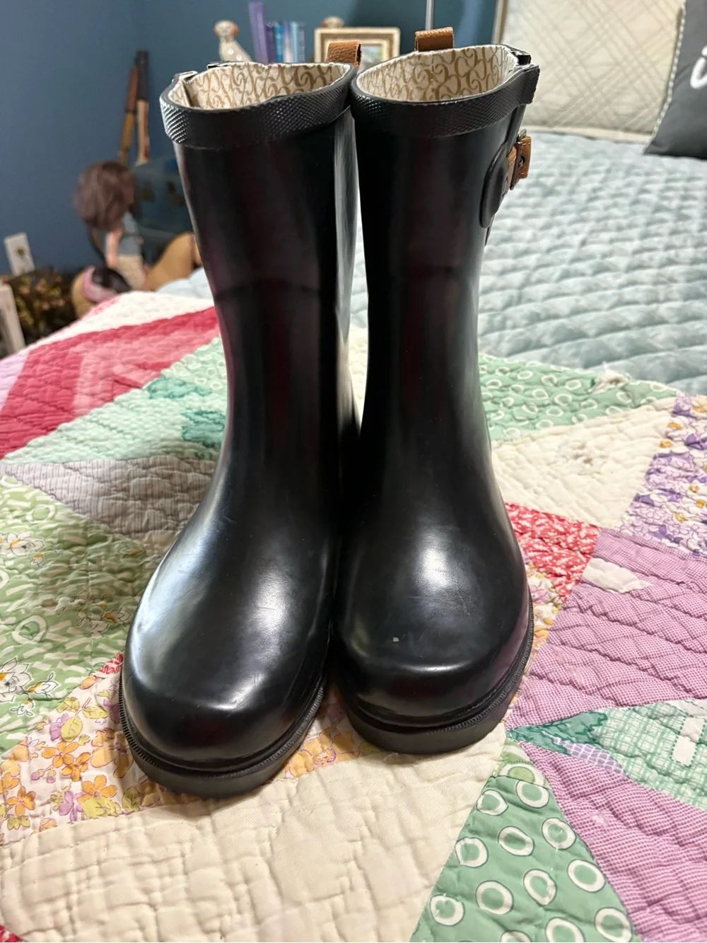 chooka Black Rain Boots with Tan Buckle Accent